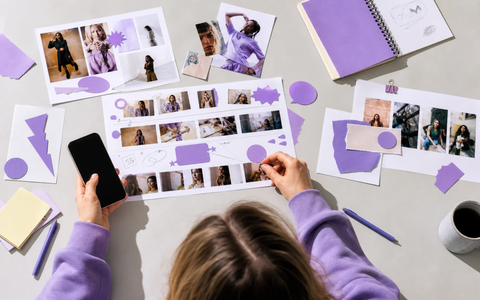 A creator building a content board with her phone